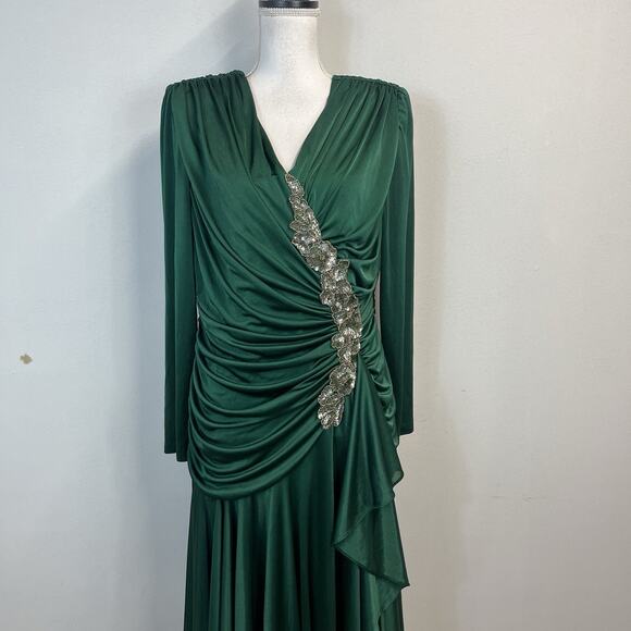 Vintage 80s Dynasty David Rose Dress sz 16 Green Jewels Sequins Cocktail Wedding - Picture 2 of 16